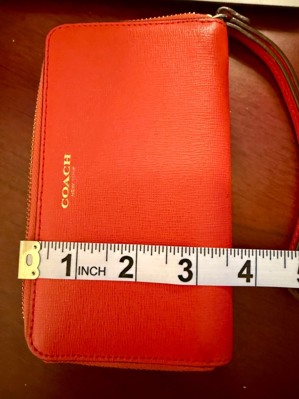 Coach Orange-Red Zip Wristlet Wallet with Gold Logo